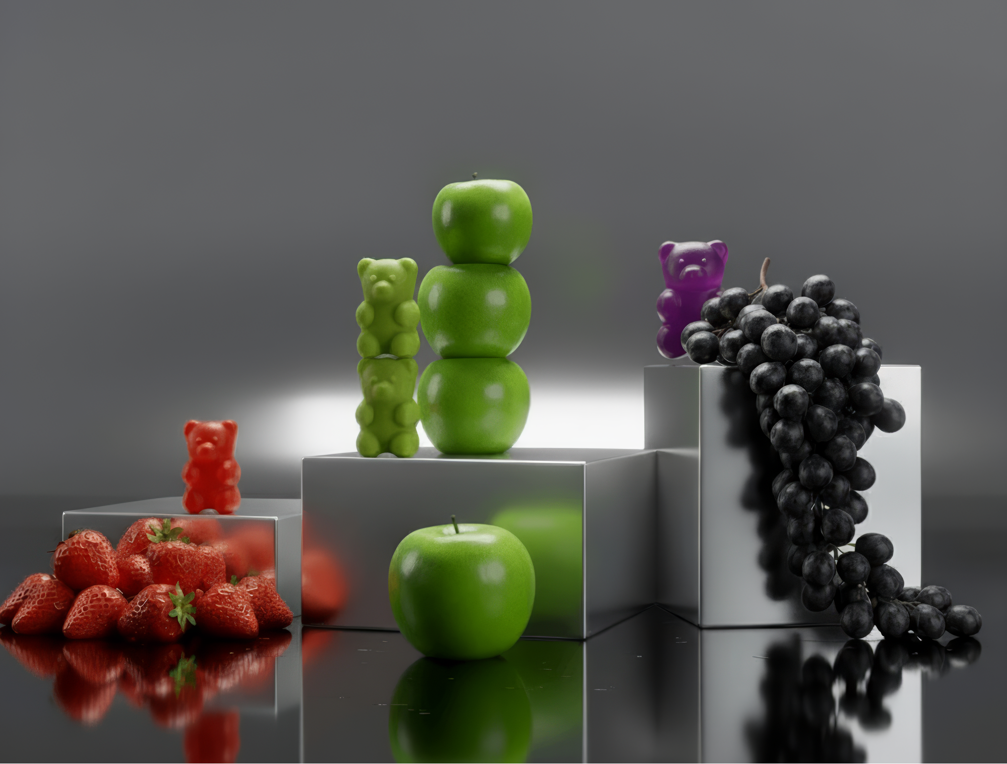 Colorful gummy bears and apples arranged on a reflective surface with a dark background