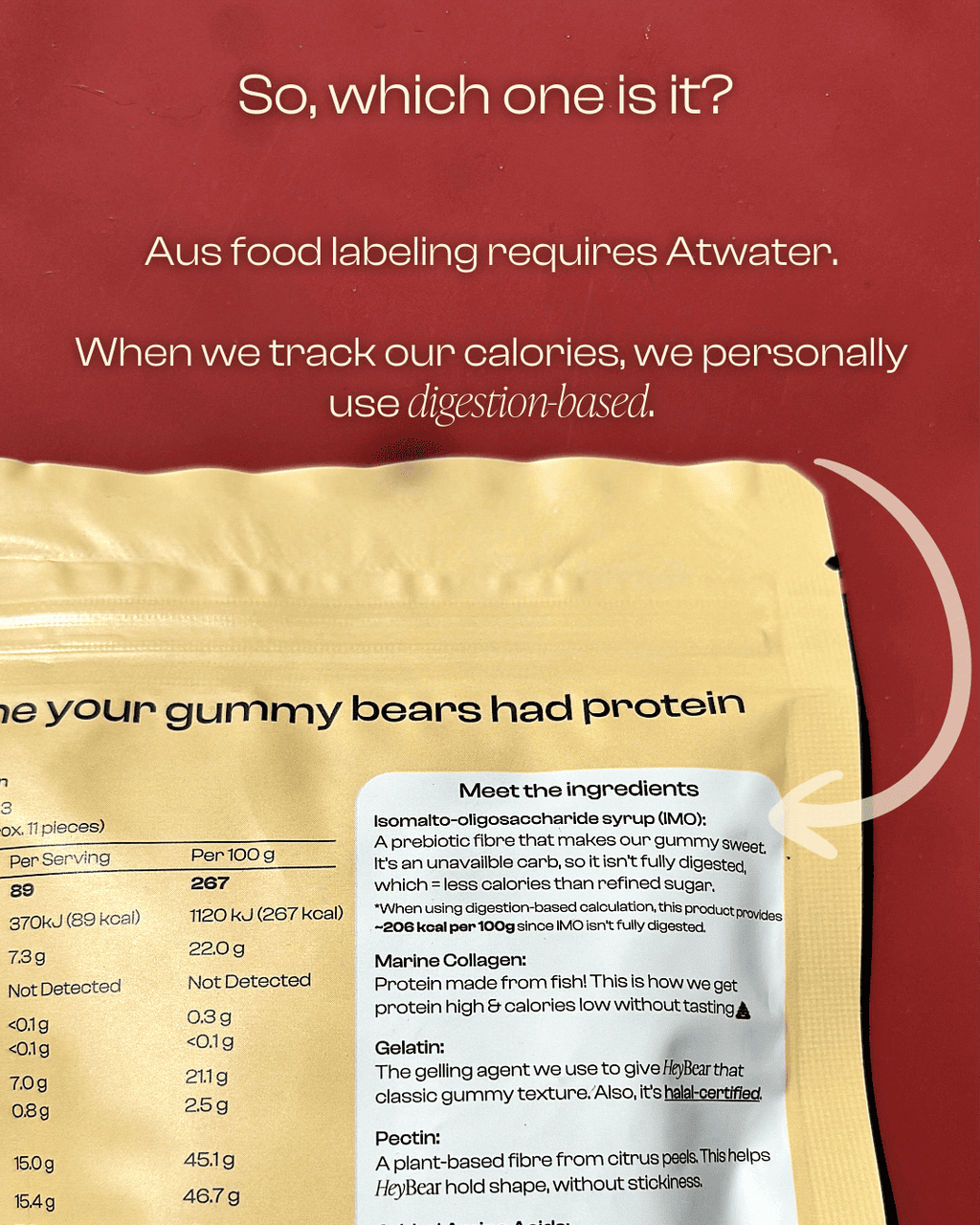 Product packaging with nutritional information on a red background